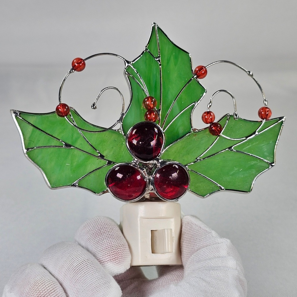 Stained Glass Holly Berry Night Light Christmas Holiday Decor Green Red Plug In
